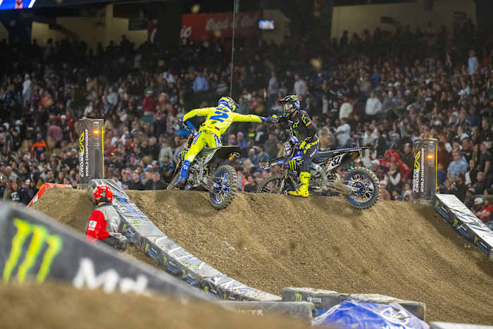 Copper Webb and teammate Justin Copper fist bump after Webb's win. Photo: Align Media.
